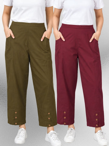 Mehndi & Wine Cotton Straight Cargo Pant Combo