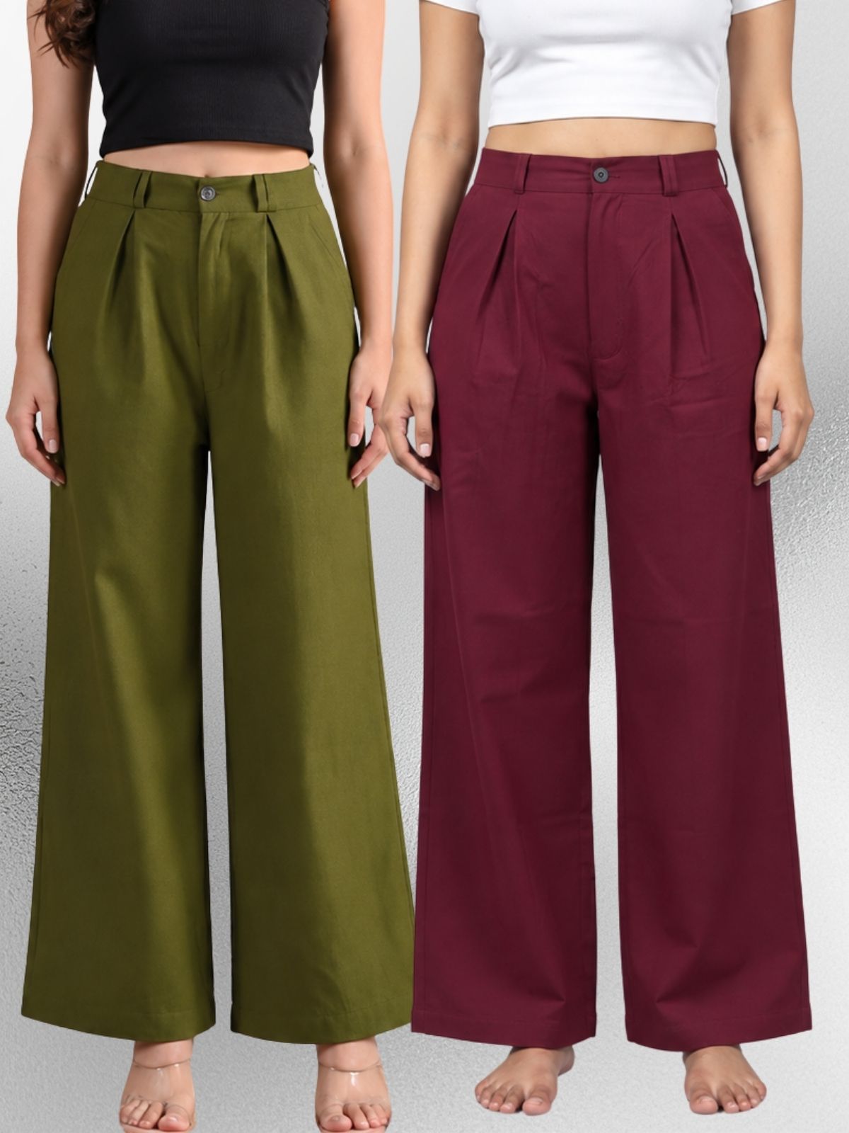 Mehndi & Wine-Cotton Wide Leg Pants Combo