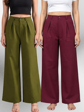 Mehndi & Wine-Cotton Wide Leg Pants Combo