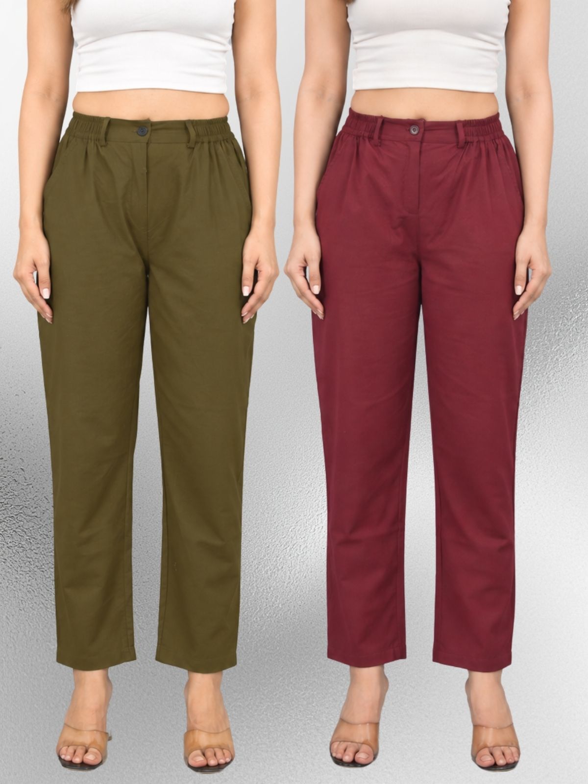 Mehndi & Wine-Regular Fit Cotton Formal Trouser Combo