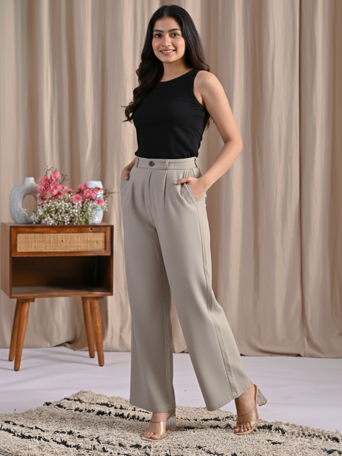 Melange Grey Cotton Wide Leg Pants