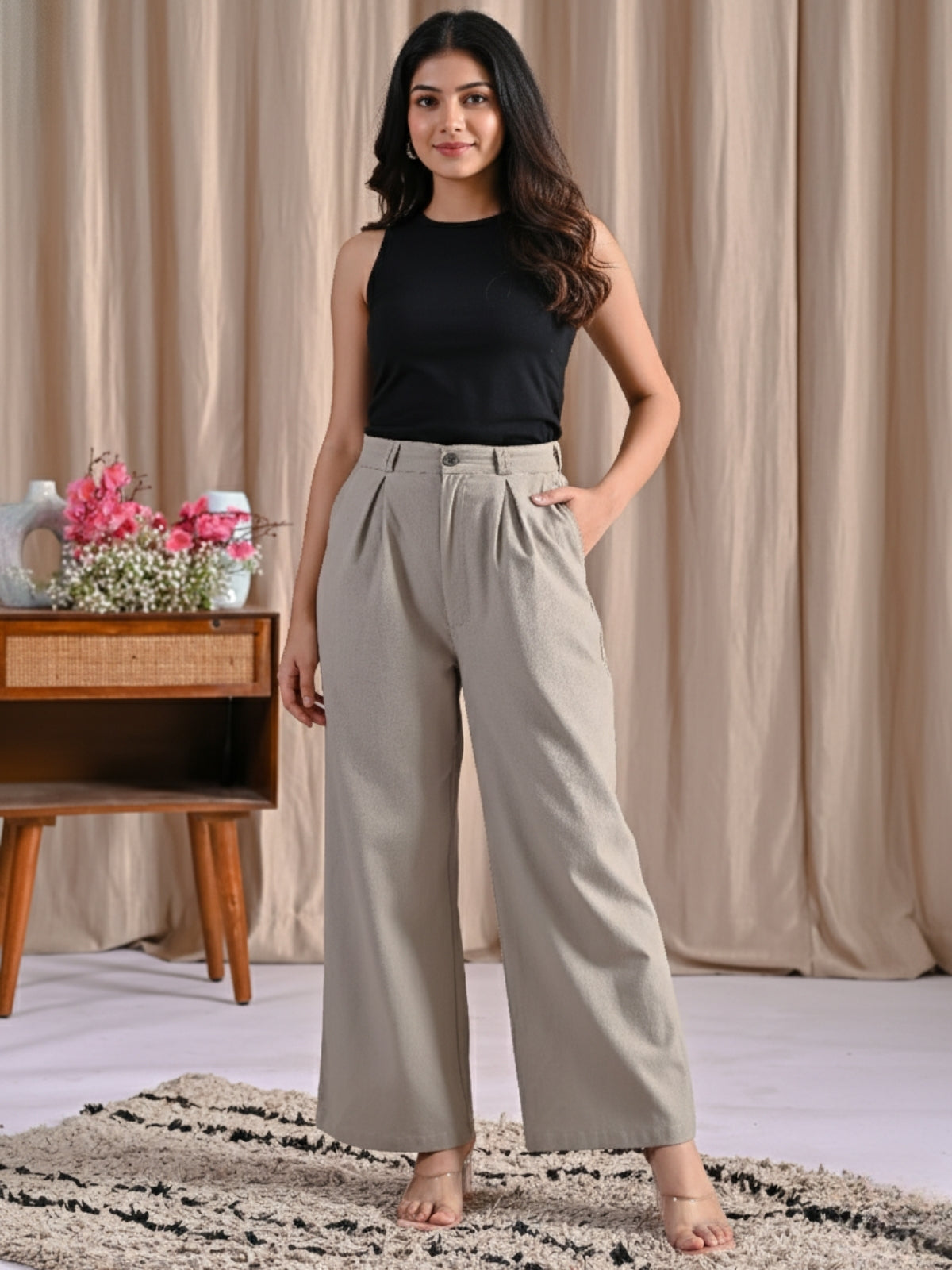 Grey & White-Cotton Wide Leg Pants Combo