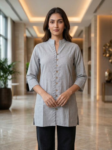 Melange Handloom Cotton Front-Slit Short Kurti