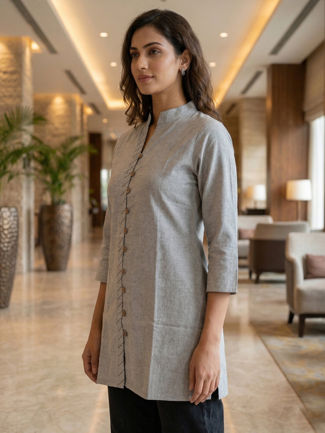 Melange Handloom Cotton Front-Slit Short Kurti