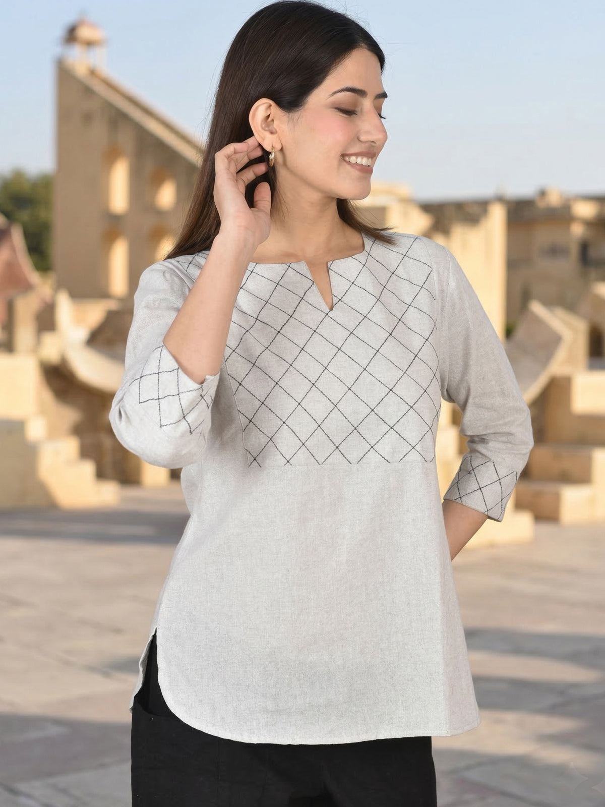 Melange Handloom Cotton Yoke Top