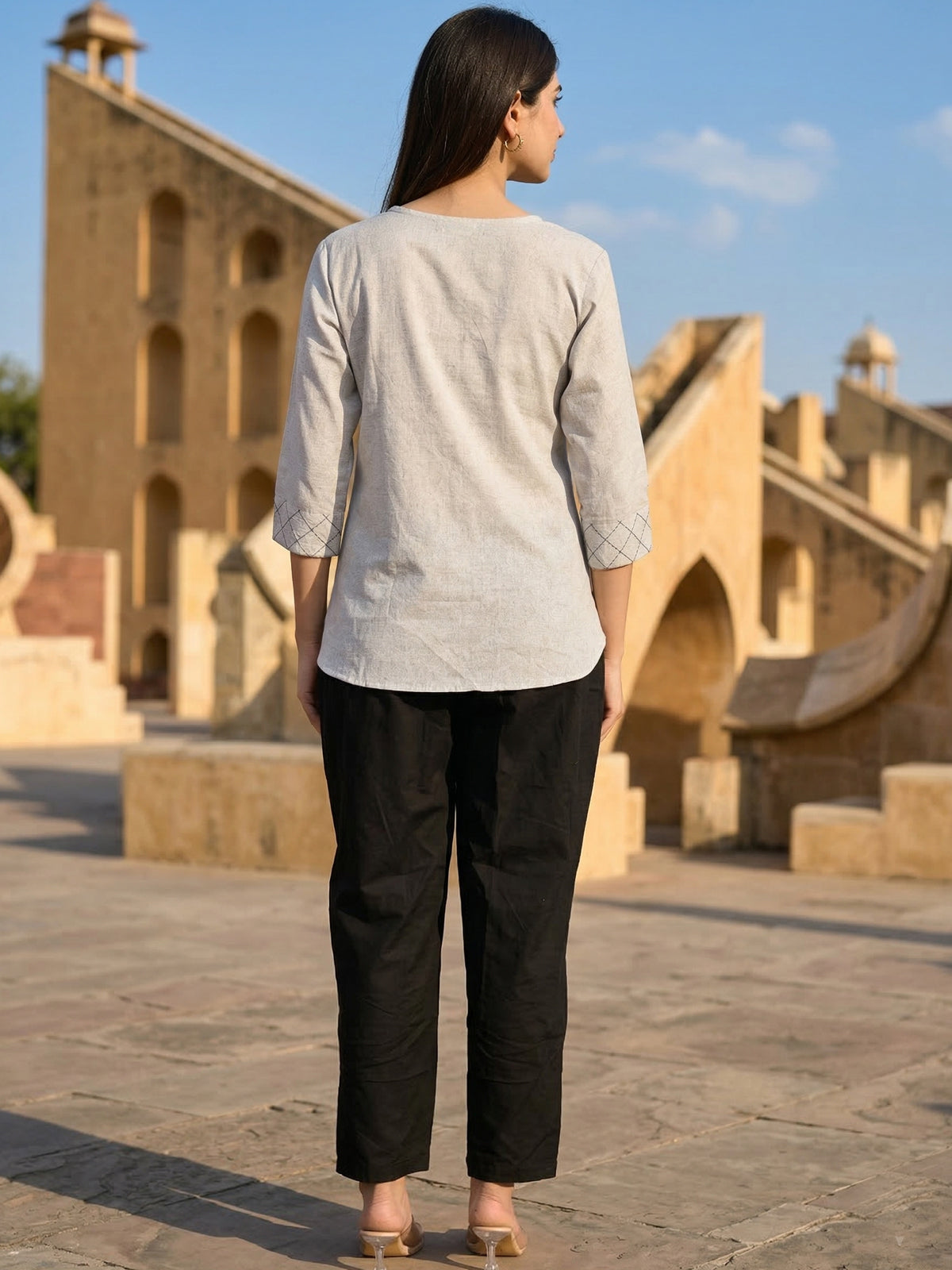 Melange Handloom Cotton Yoke Top