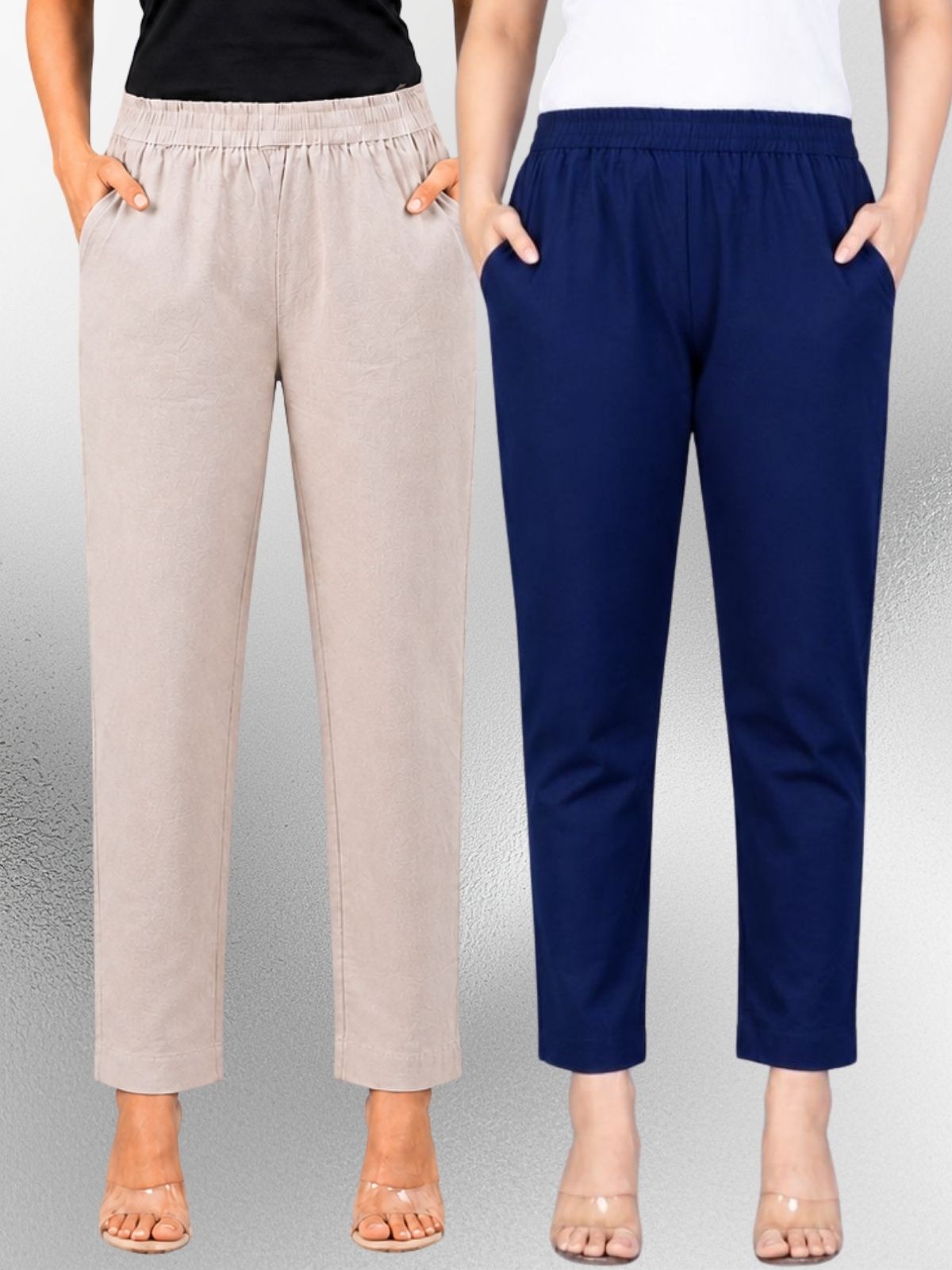 Melange & Navyblue Regular Fit Elastic Cotton Trouser Combo
