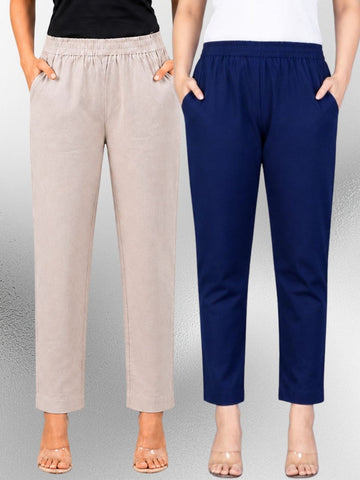 Melange & Navyblue Regular Fit Elastic Cotton Trouser Combo