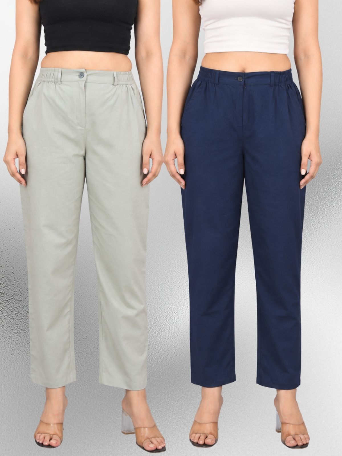 Melange & Navyblue-Regular Fit Cotton Formal Trouser Combo