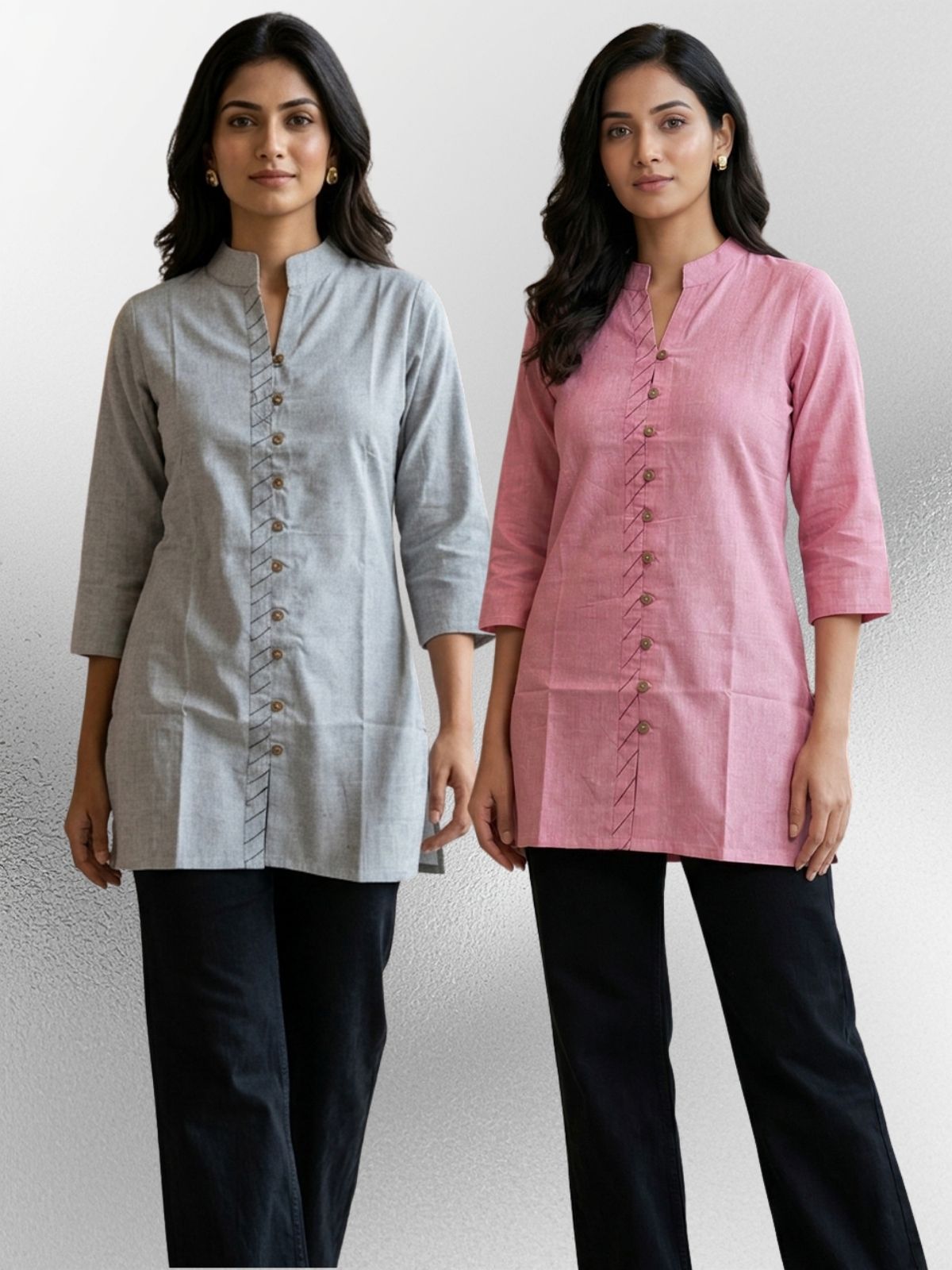 Melange & Pink Handloom Cotton Front-Slit Short Kurti Combo