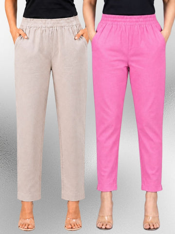 Melange & Pink Regular Fit Elastic Cotton Trouser Combo
