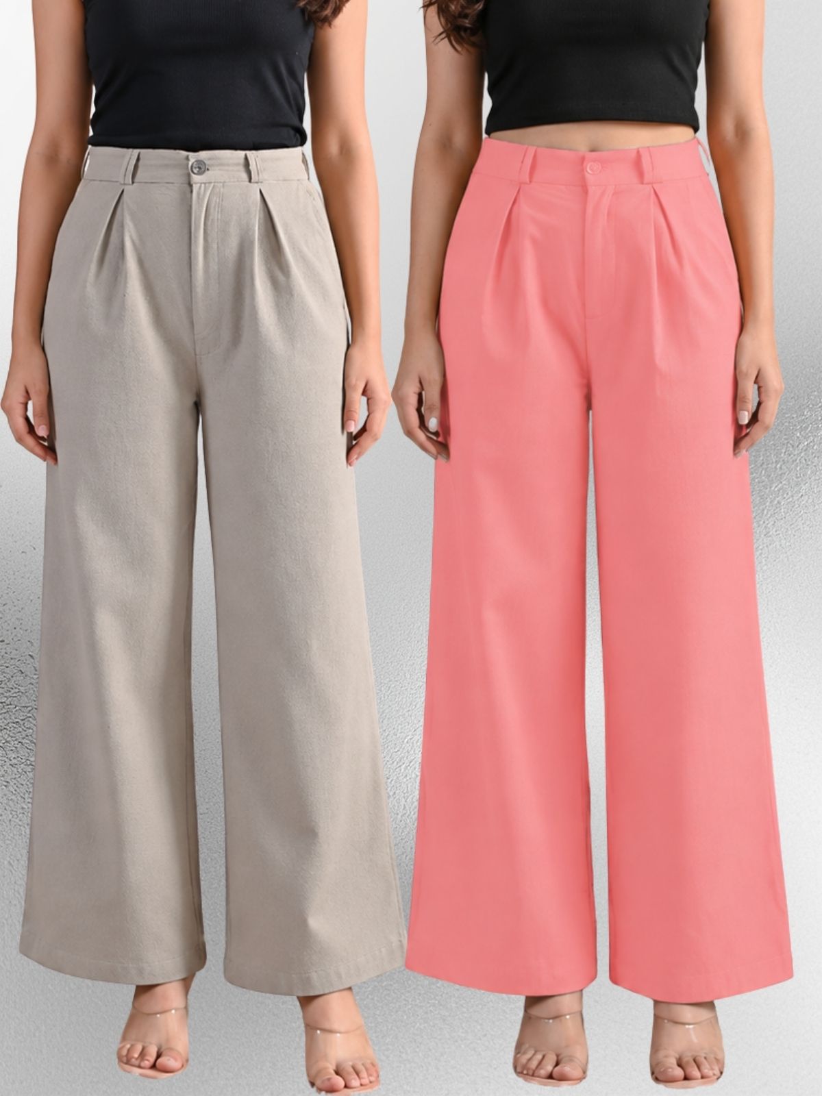 Melange & Pink-Cotton Wide Leg Pants Combo