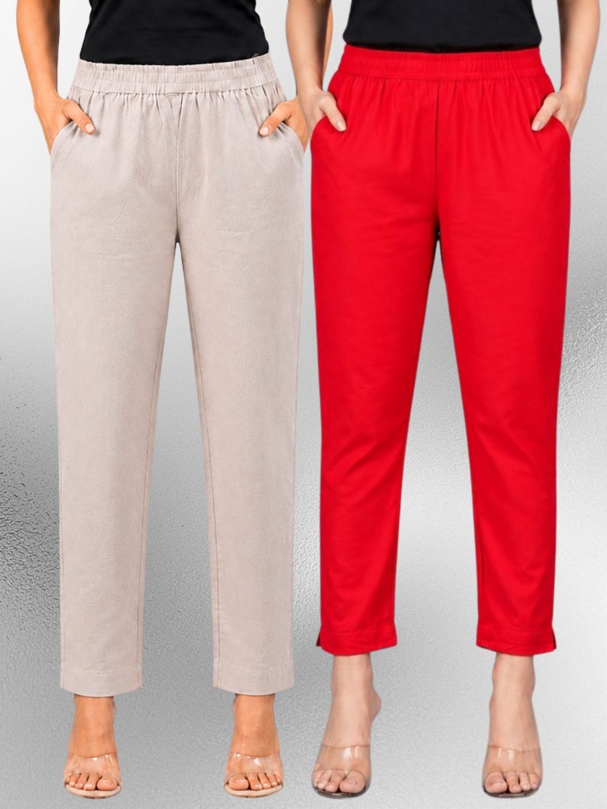 Melange & Red Regular Fit Elastic Cotton Trouser Combo