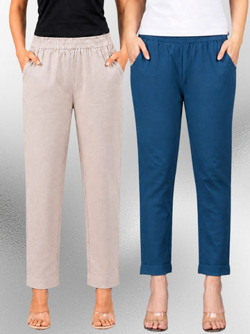 Melange & Tealblue Regular Fit Elastic Cotton Trouser Combo
