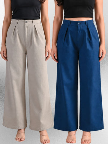 Melange & Tealblue-Cotton Wide Leg Pants Combo