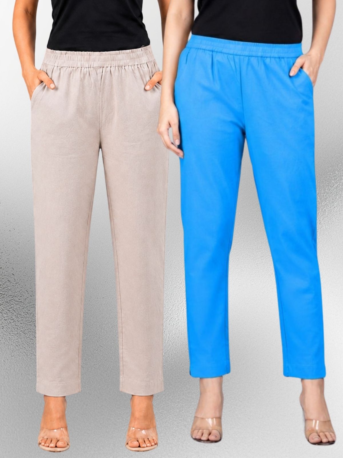 Melange & Turquoise Regular Fit Elastic Cotton Trouser Combo