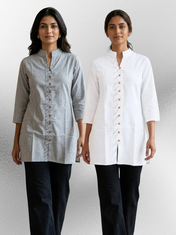 Melange & White Handloom Cotton Front-Slit Short Kurti Combo