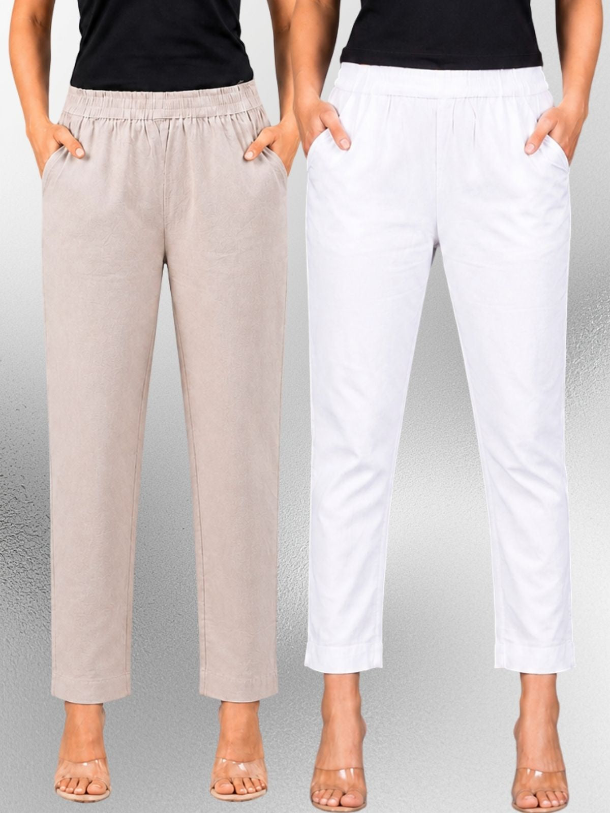 Melange & White Regular Fit Elastic Cotton Trouser Combo