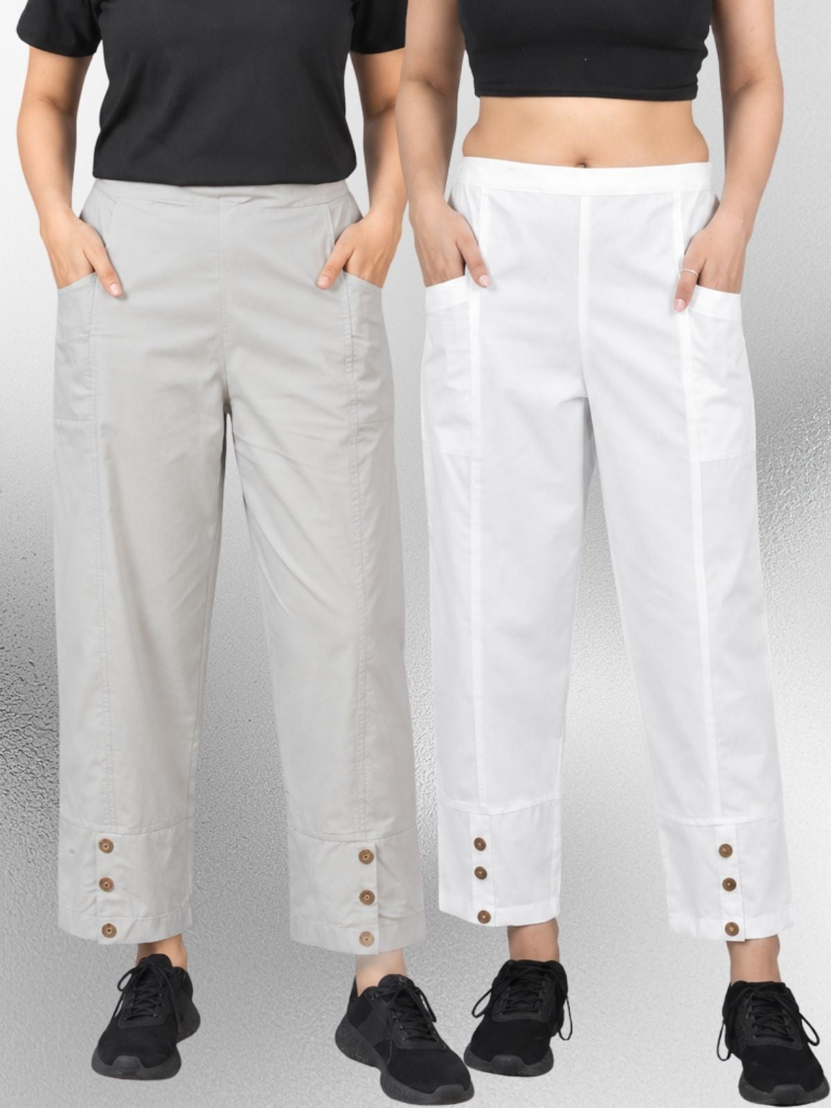Melange & White Cotton Straight Cargo Pant Combo