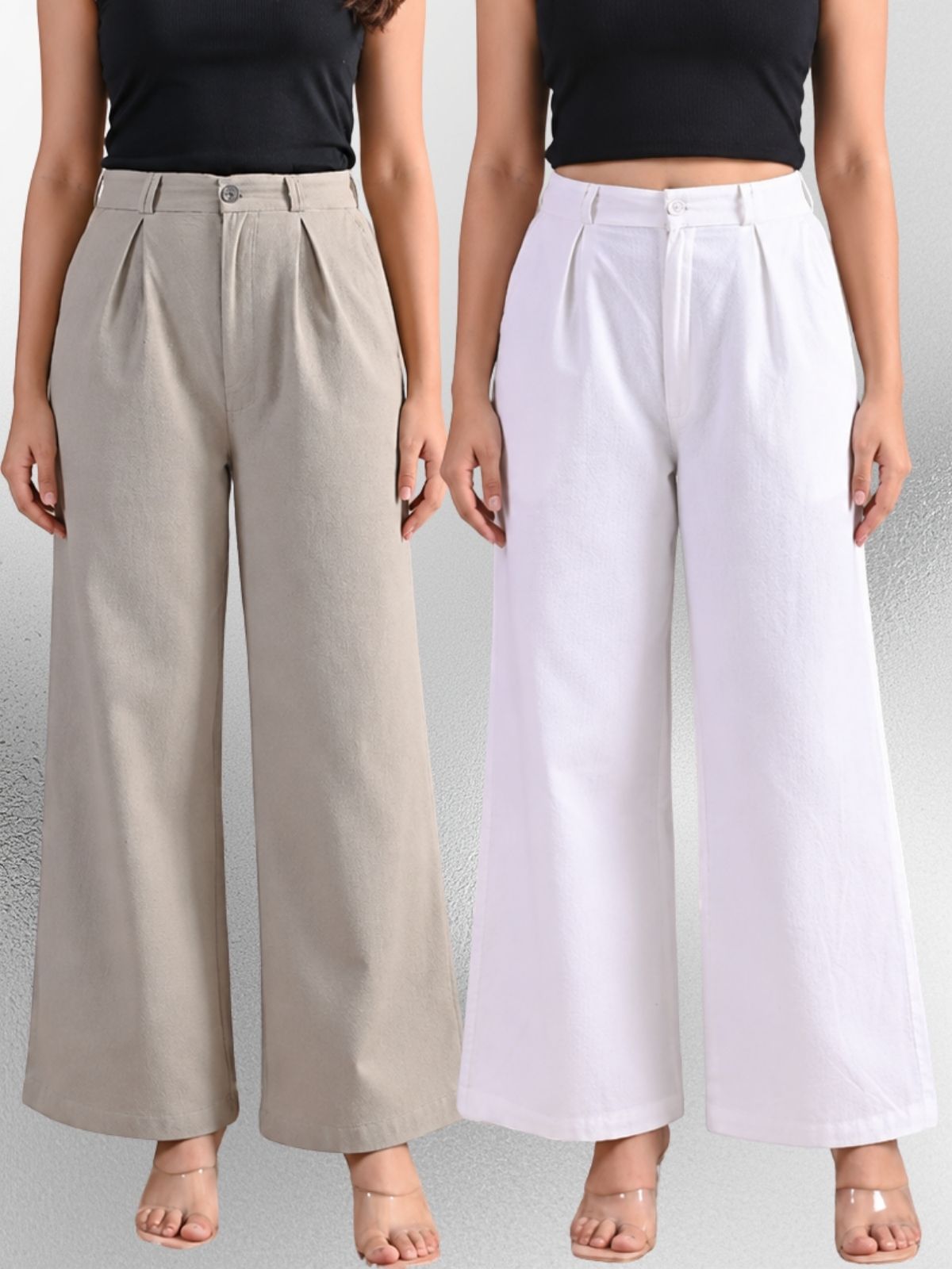 Grey & White-Cotton Wide Leg Pants Combo