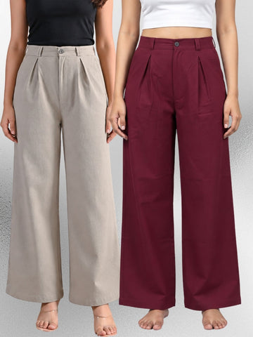 Melange & Wine-Cotton Wide Leg Pants Combo