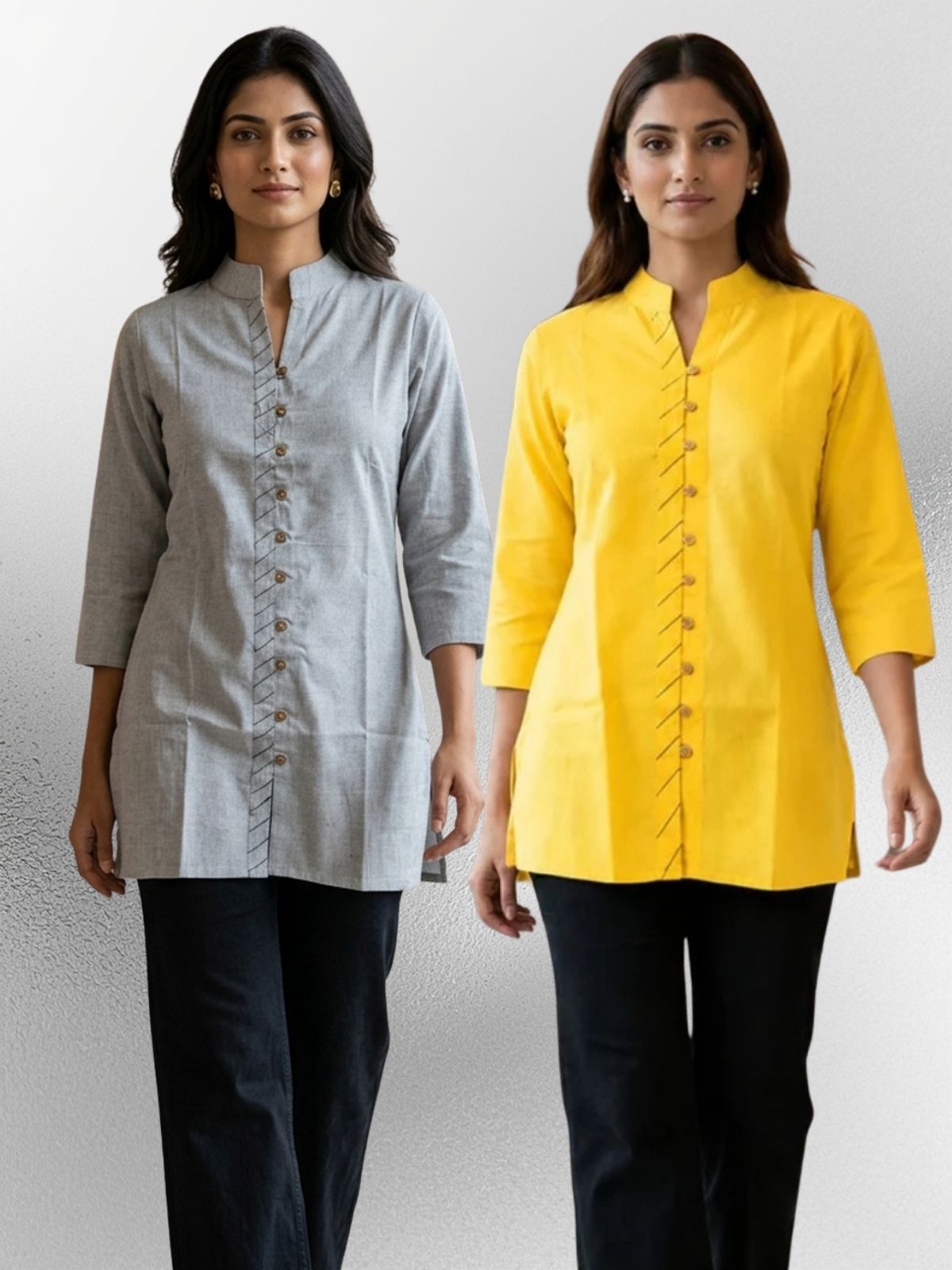 Melange & Yellow Handloom Cotton Front-Slit Short Kurti Combo