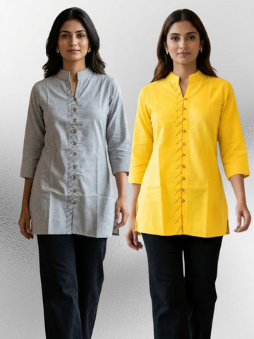 Melange & Yellow Handloom Cotton Front-Slit Short Kurti Combo