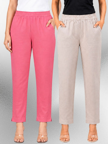 Mauvepink & Melange Regular Fit Elastic Cotton Trouser Combo