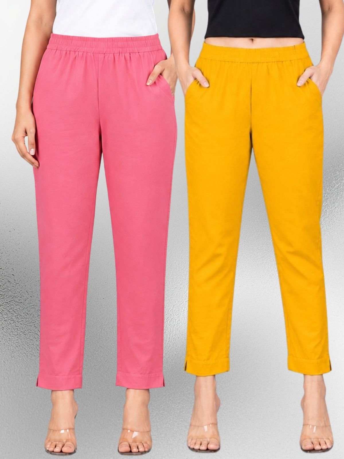 Mauvepink & Mustard Regular Fit Elastic Cotton Trouser Combo