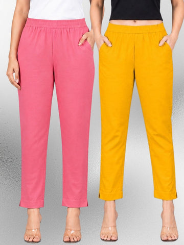 Mauvepink & Mustard Regular Fit Elastic Cotton Trouser Combo