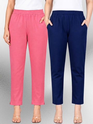 Mauvepink & Navyblue Regular Fit Elastic Cotton Trouser Combo