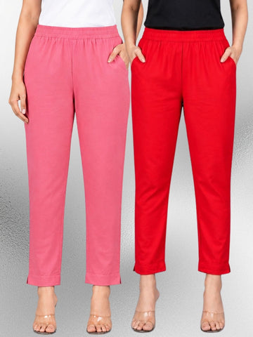 Mauvepink & Red Regular Fit Elastic Cotton Trouser Combo
