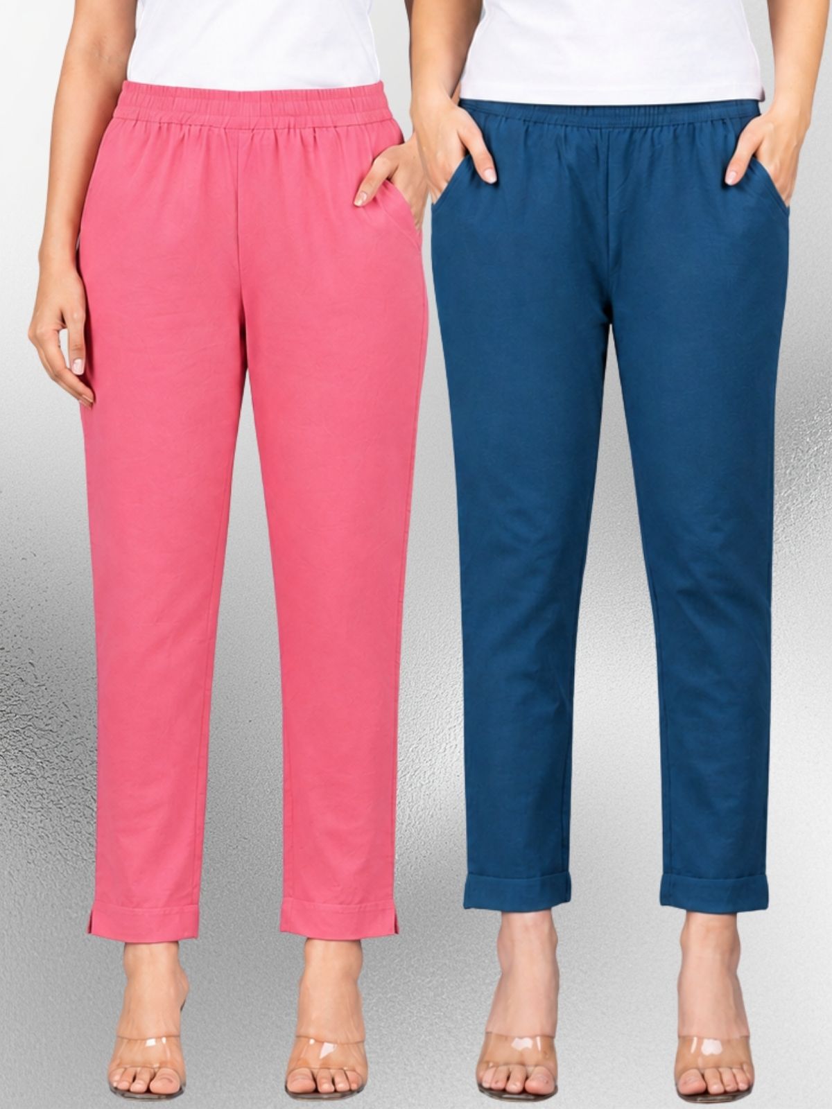 Mauvepink & Tealblue Regular Fit Elastic Cotton Trouser Combo