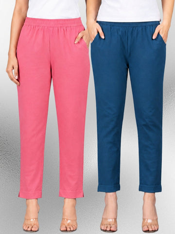 Mauvepink & Tealblue Regular Fit Elastic Cotton Trouser Combo