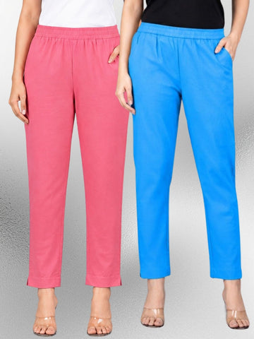 Mauvepink & Turquoise Regular Fit Elastic Cotton Trouser Combo