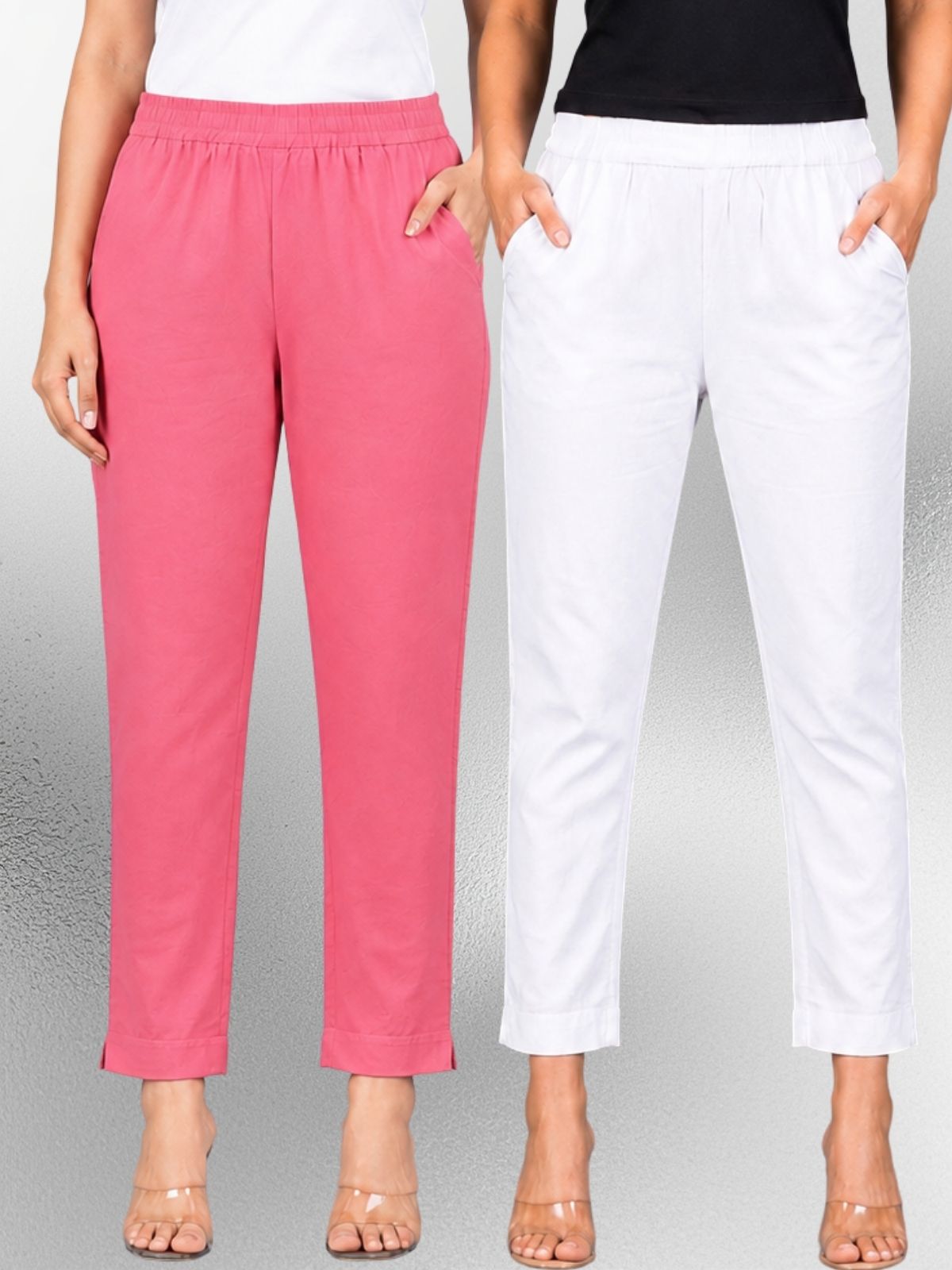 Mauvepink & White Regular Fit Elastic Cotton Trouser Combo