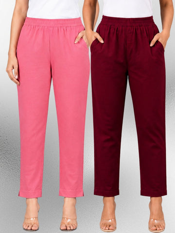 Mauvepink & Wine Regular Fit Elastic Cotton Trouser Combo