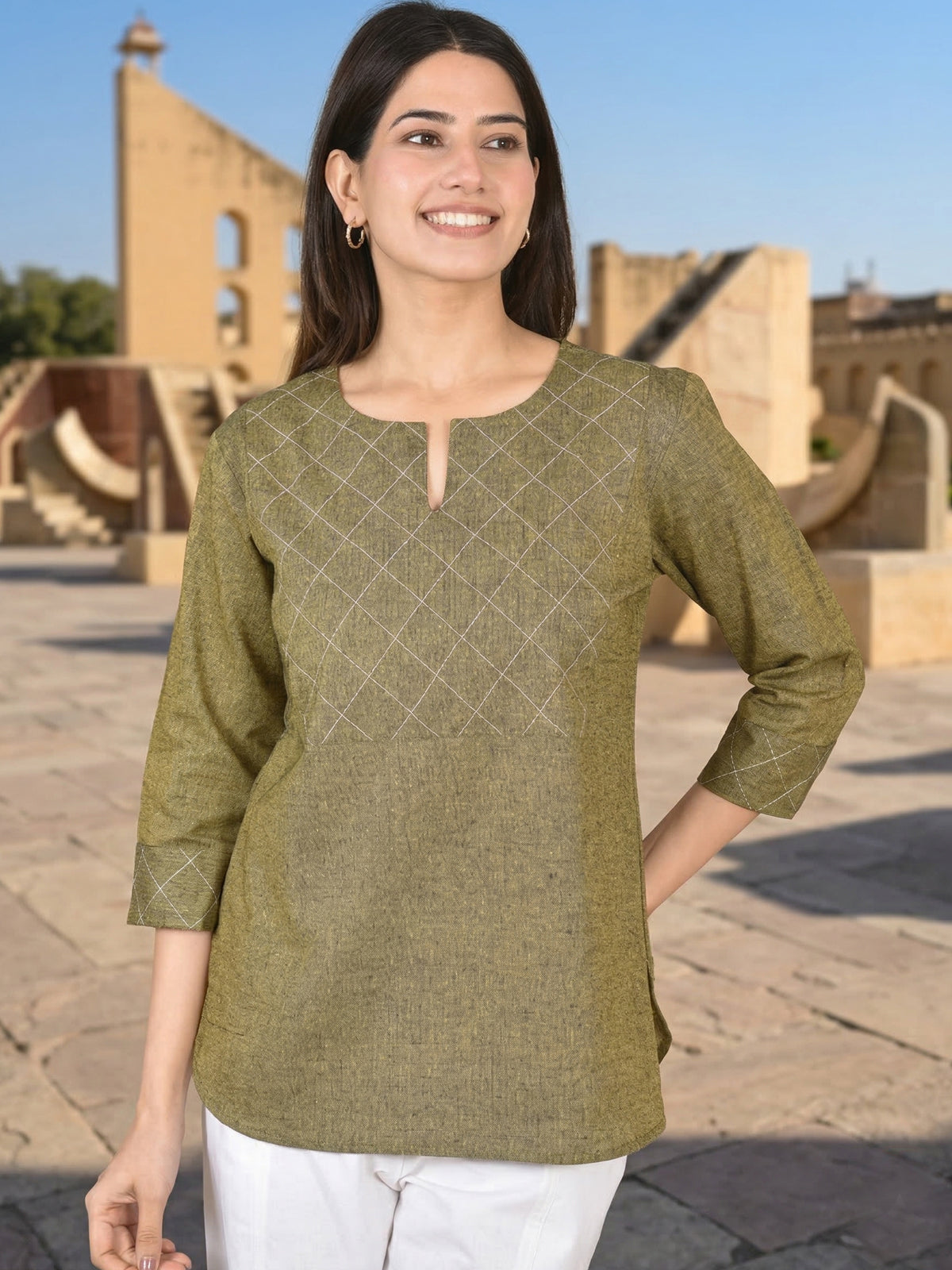 Mustard Handloom Cotton Yoke Top
