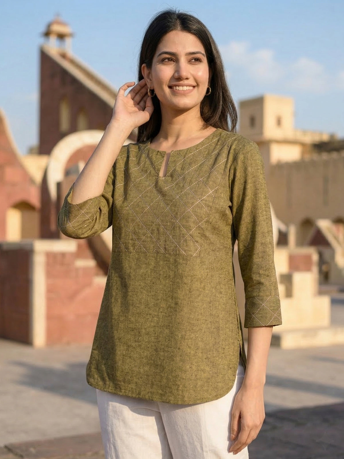 Mustard Handloom Cotton Yoke Top