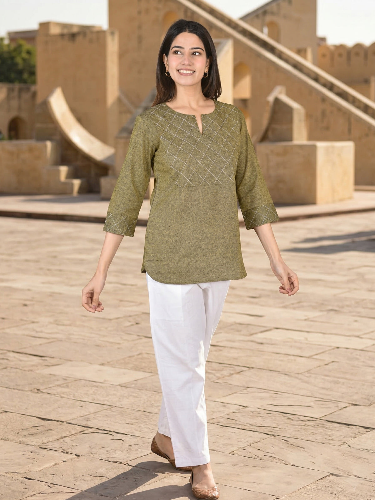 Mustard Handloom Cotton Yoke Top