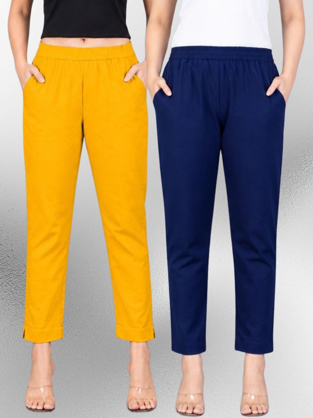Mustard & Navyblue Regular Fit Elastic Cotton Trouser Combo