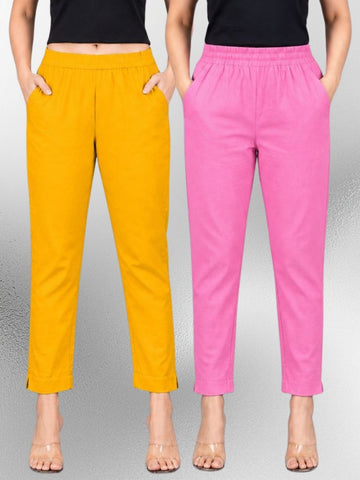 Mustard & Pink Regular Fit Elastic Cotton Trouser Combo