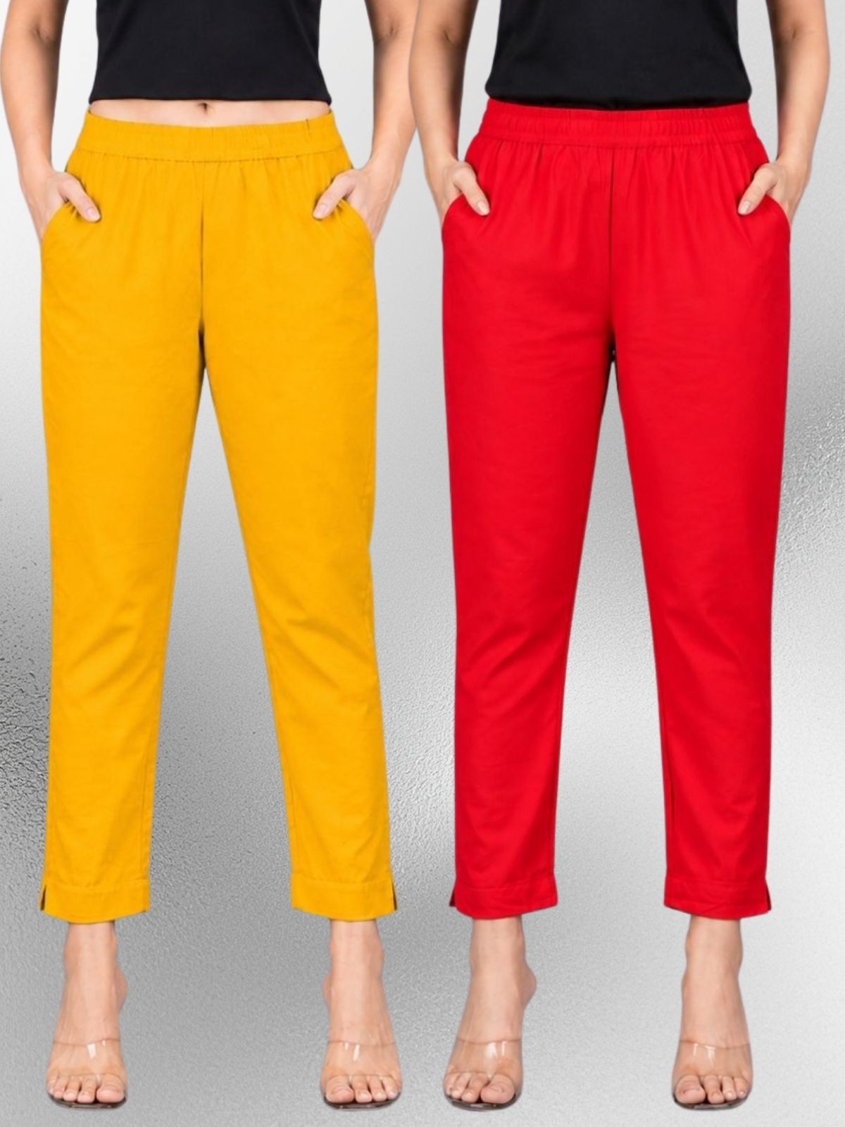 Mustard & Red Regular Fit Elastic Cotton Trouser Combo