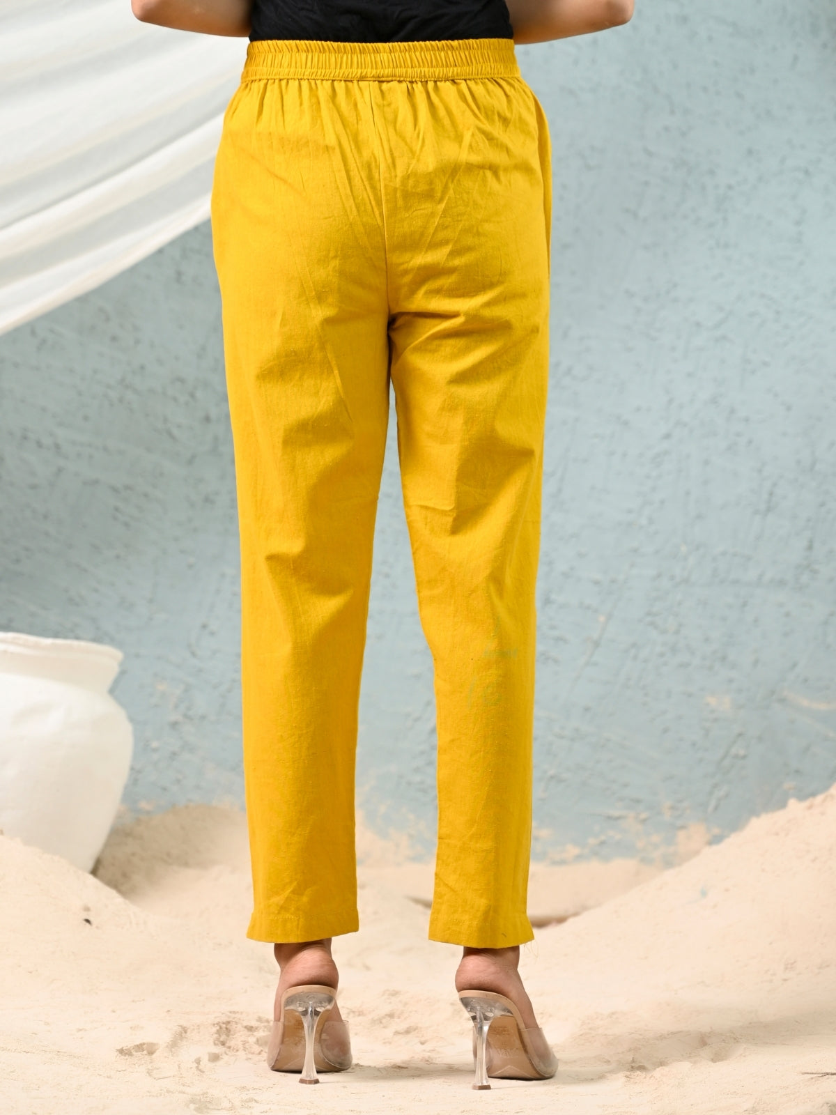 Mustard Regular Fit Elastic Cotton Trouser