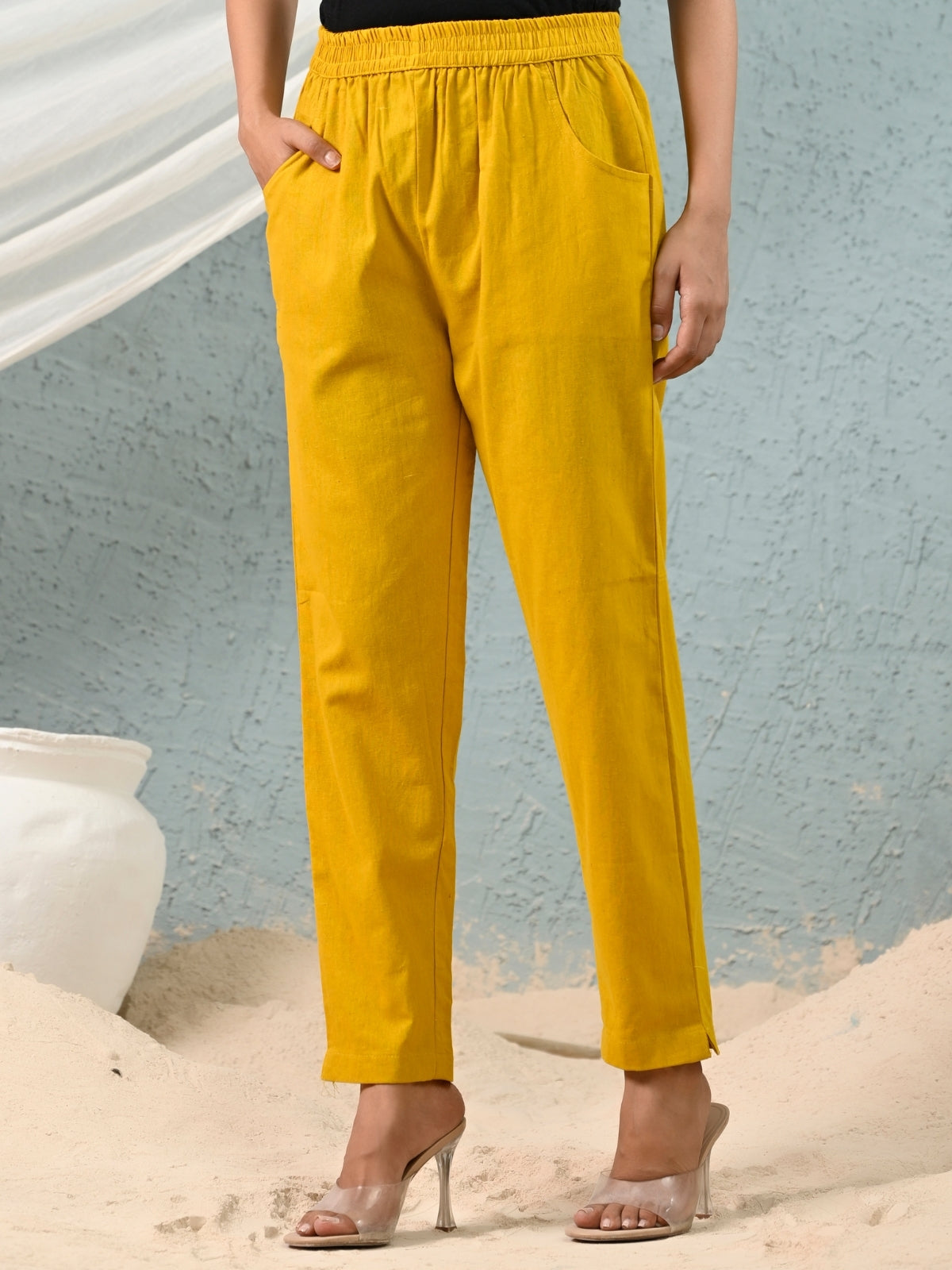 Mustard Regular Fit Elastic Cotton Trouser
