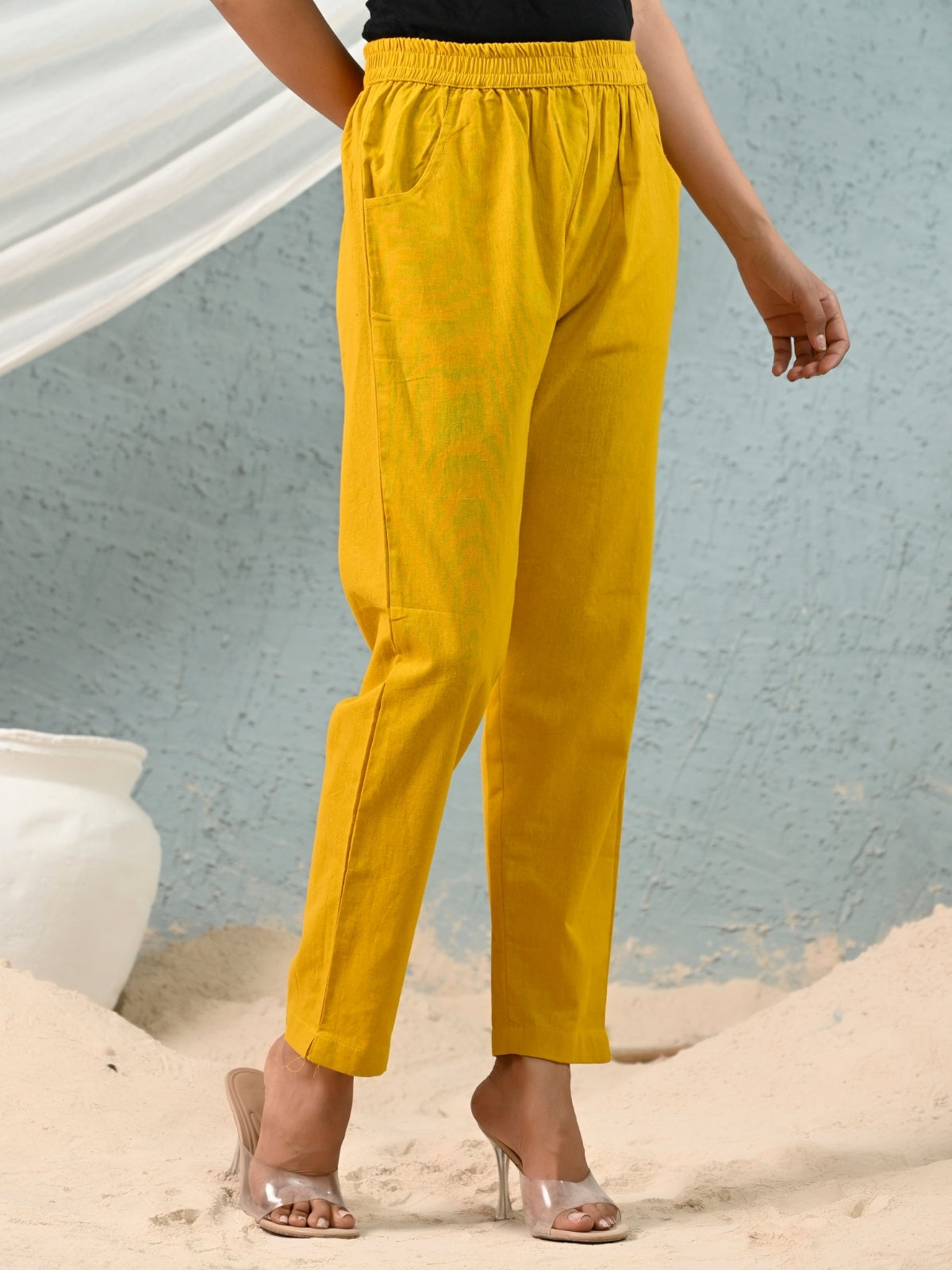 Mustard Regular Fit Elastic Cotton Trouser