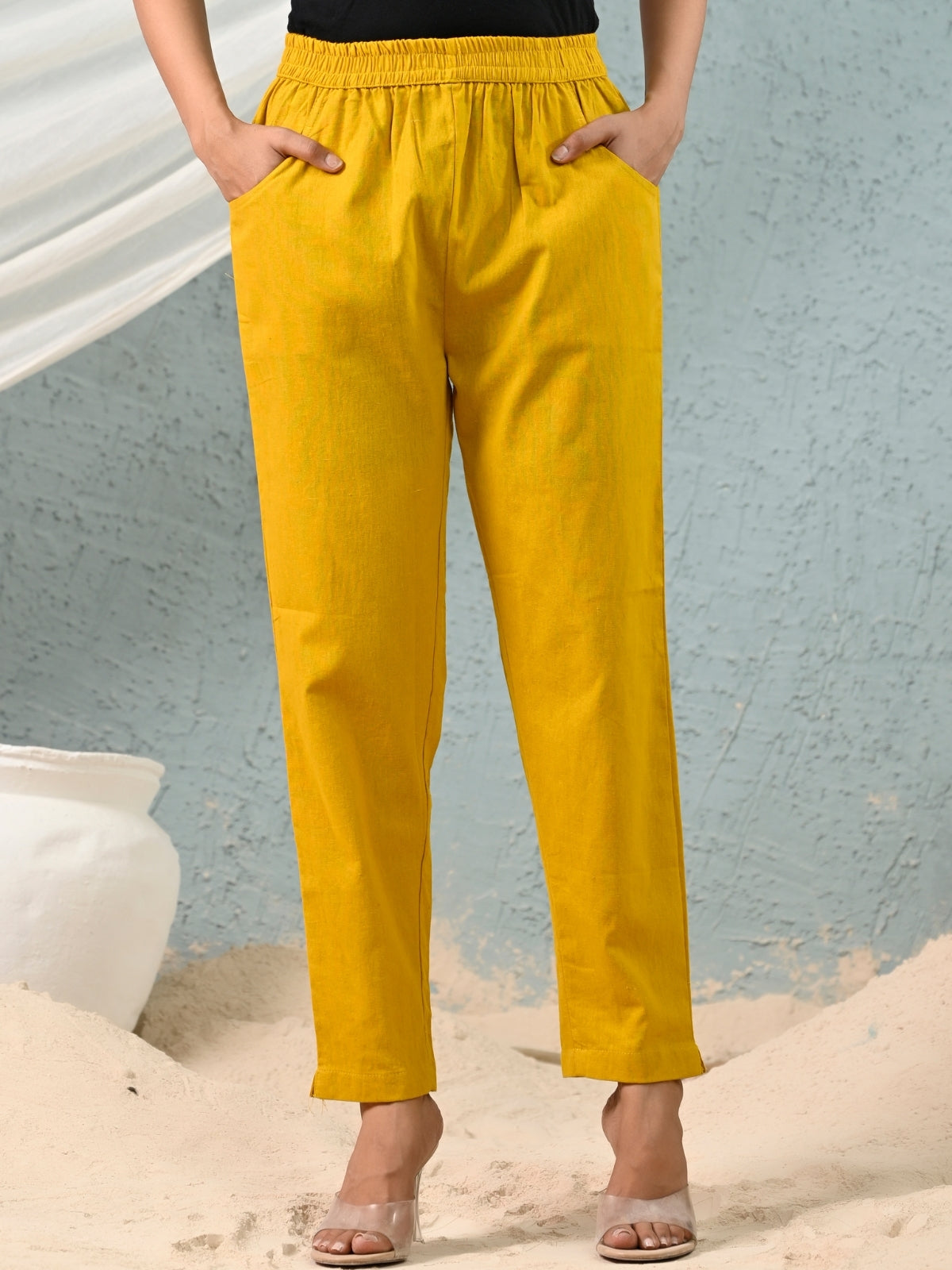 Mustard Regular Fit Elastic Cotton Trouser