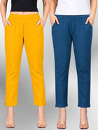 Mustard & Tealblue Regular Fit Elastic Cotton Trouser Combo