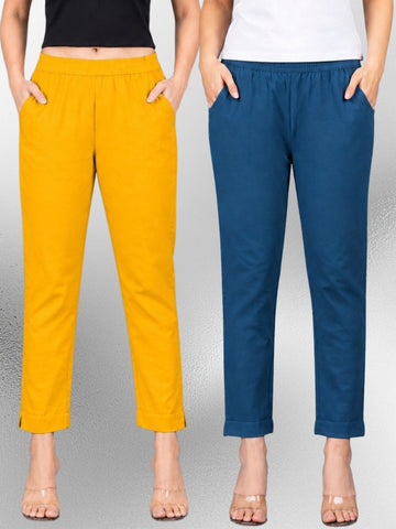 Mustard & Tealblue Regular Fit Elastic Cotton Trouser Combo