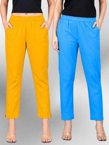 Mustard & Turquoise Regular Fit Elastic Cotton Trouser Combo